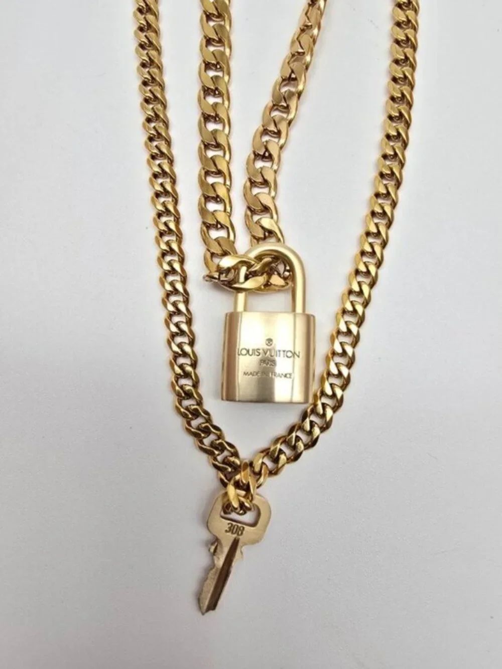 Authentic Louis Vuityon Gold Padlock Pendant with Stainless Steel 2 Cuban Style